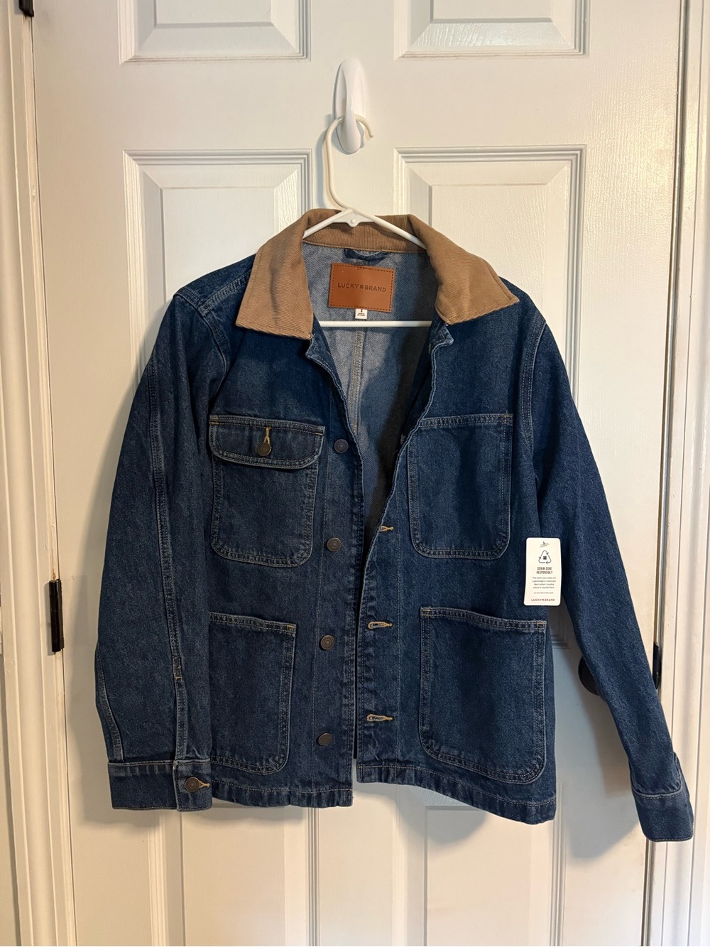 Lucky Brand Women’s Denim Barn Jacket with Tan Collar - Dark Blue